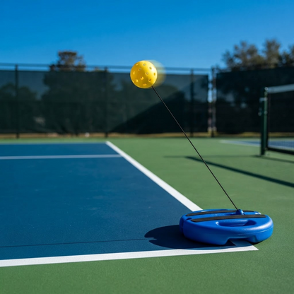 PickleBall Pro trainer on an outdoor pickleball court with the yellow ball mid-air and the elastic cord pulled taut