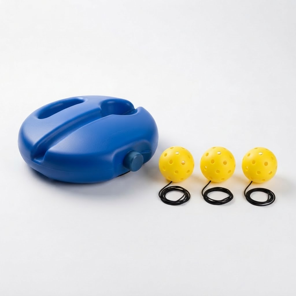 PickleBall Pro bundle: one blue trainer base with three corded yellow 40-hole outdoor pickleballs on a white studio background