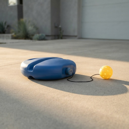 PickleBall Pro trainer set up flat on a concrete driveway in golden-hour light, ball resting on its elastic cord