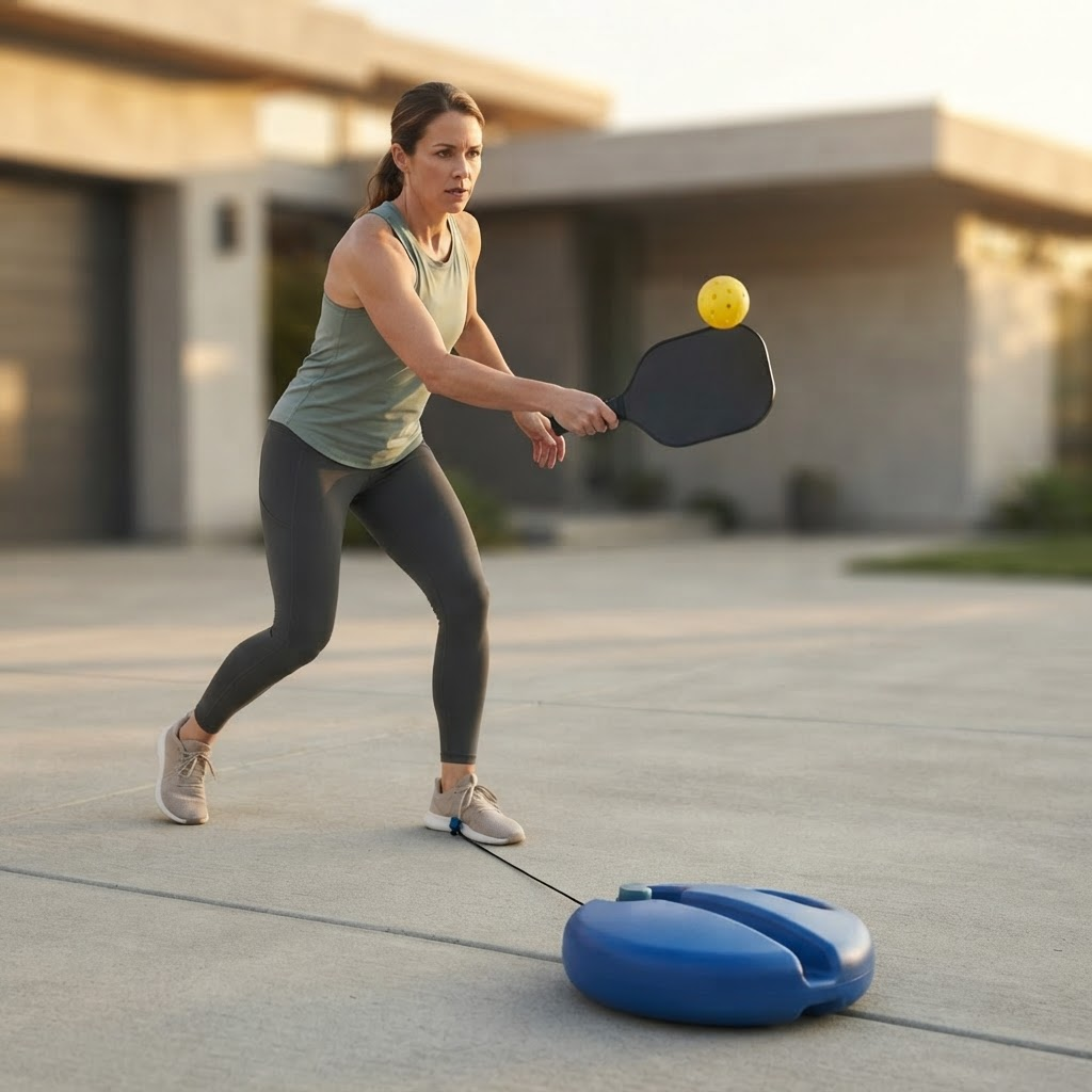 A woman mid-swing practising pickleball alone on her driveway with the PickleBall Pro trainer base at her feet