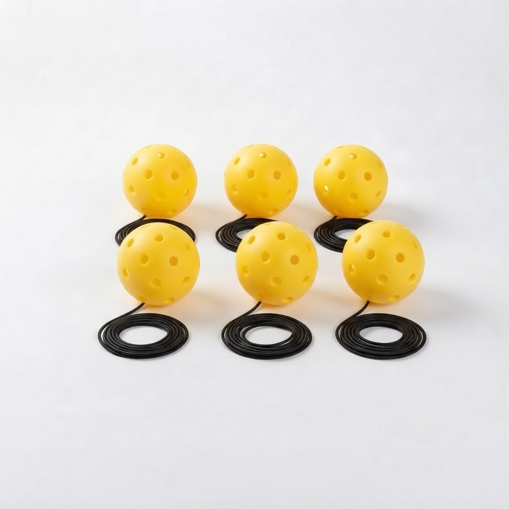 Six optic yellow 40-hole PickleBall Pro replacement pickleballs with coiled elastic cords, arranged in two rows on a white studio background