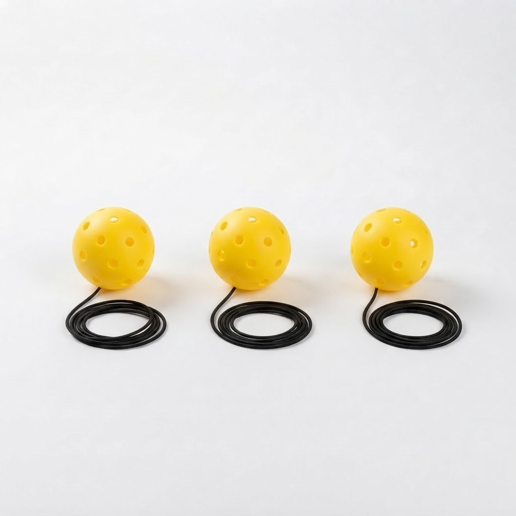 Three optic yellow 40-hole PickleBall Pro replacement pickleballs, each with a coiled black elastic cord, on a white studio background
