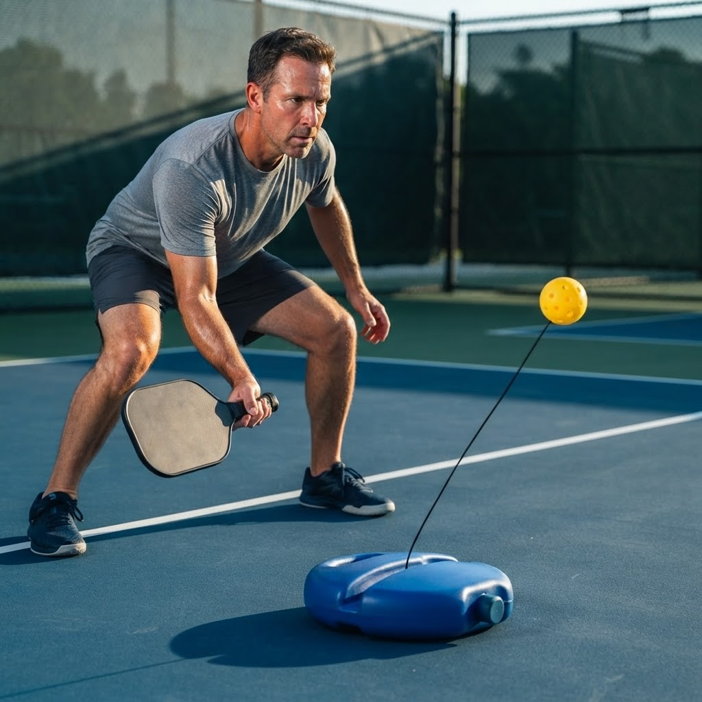 A player in a low ready stance drilling dinks on court with the PicklePractice Pro trainer
