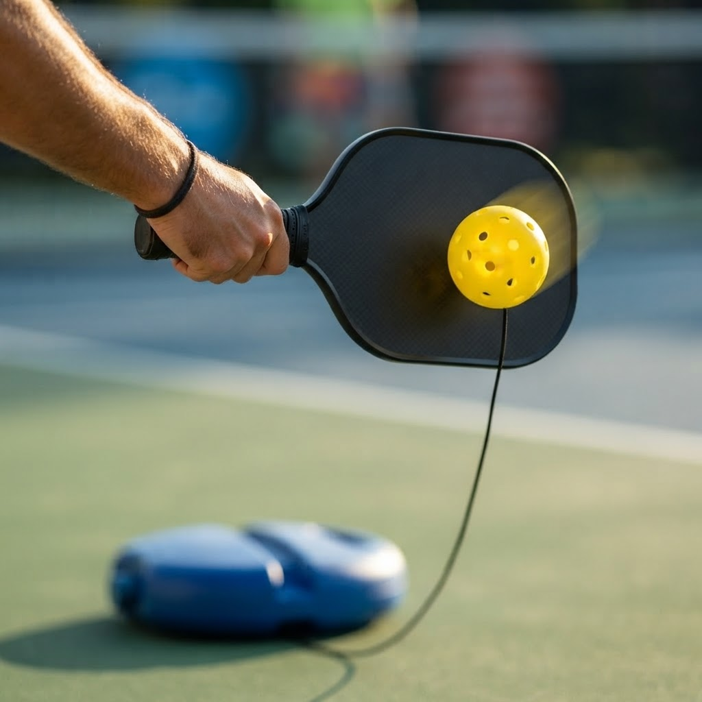 A pickleball paddle striking the tethered yellow ball, PicklePractice Pro base in the background