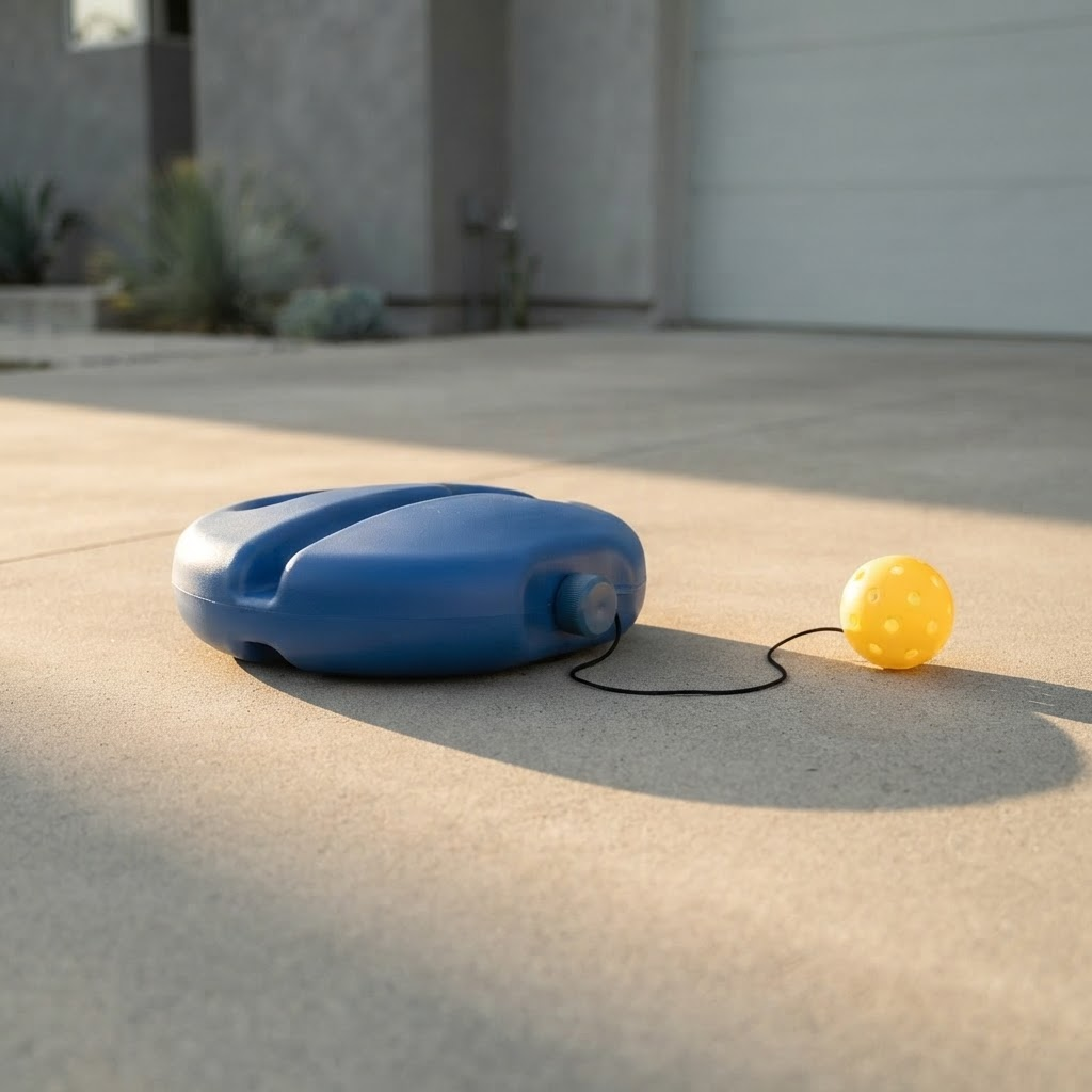 PicklePractice Pro base sitting flat on a concrete driveway in golden-hour light