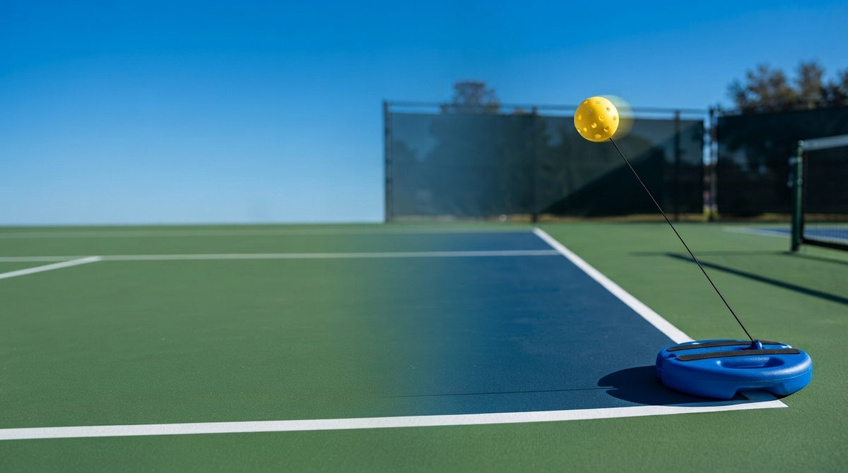 PicklePractice Pro trainer on an outdoor pickleball court with the ball mid-air on a taut cord