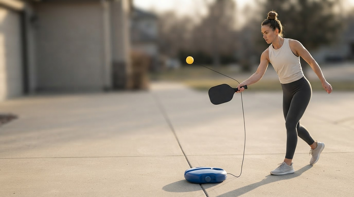 A player practising pickleball alone on a driveway with the PicklePractice Pro trainer base at her feet