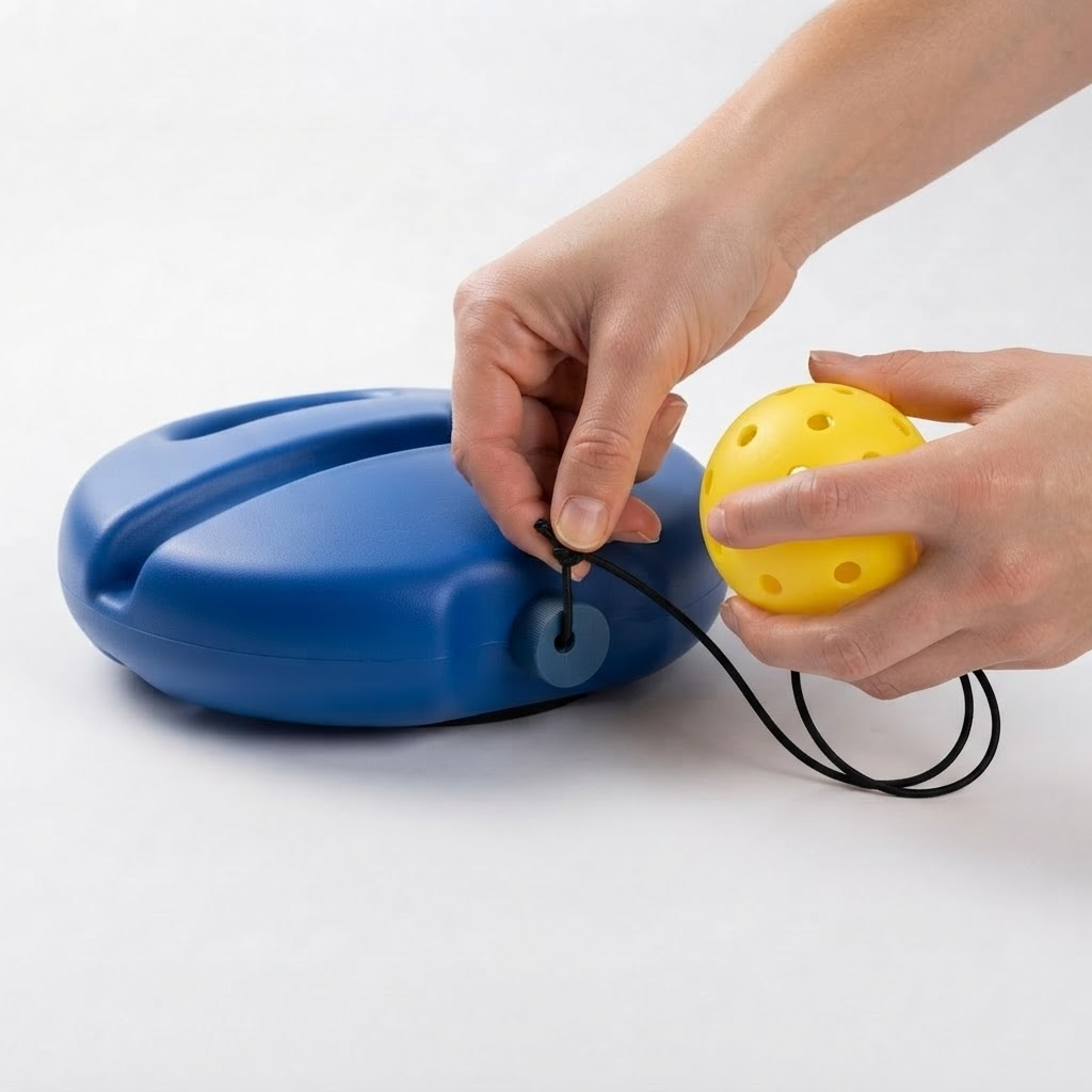 Hands clipping the elastic cord of the yellow pickleball into the anchor point on the PicklePractice Pro base