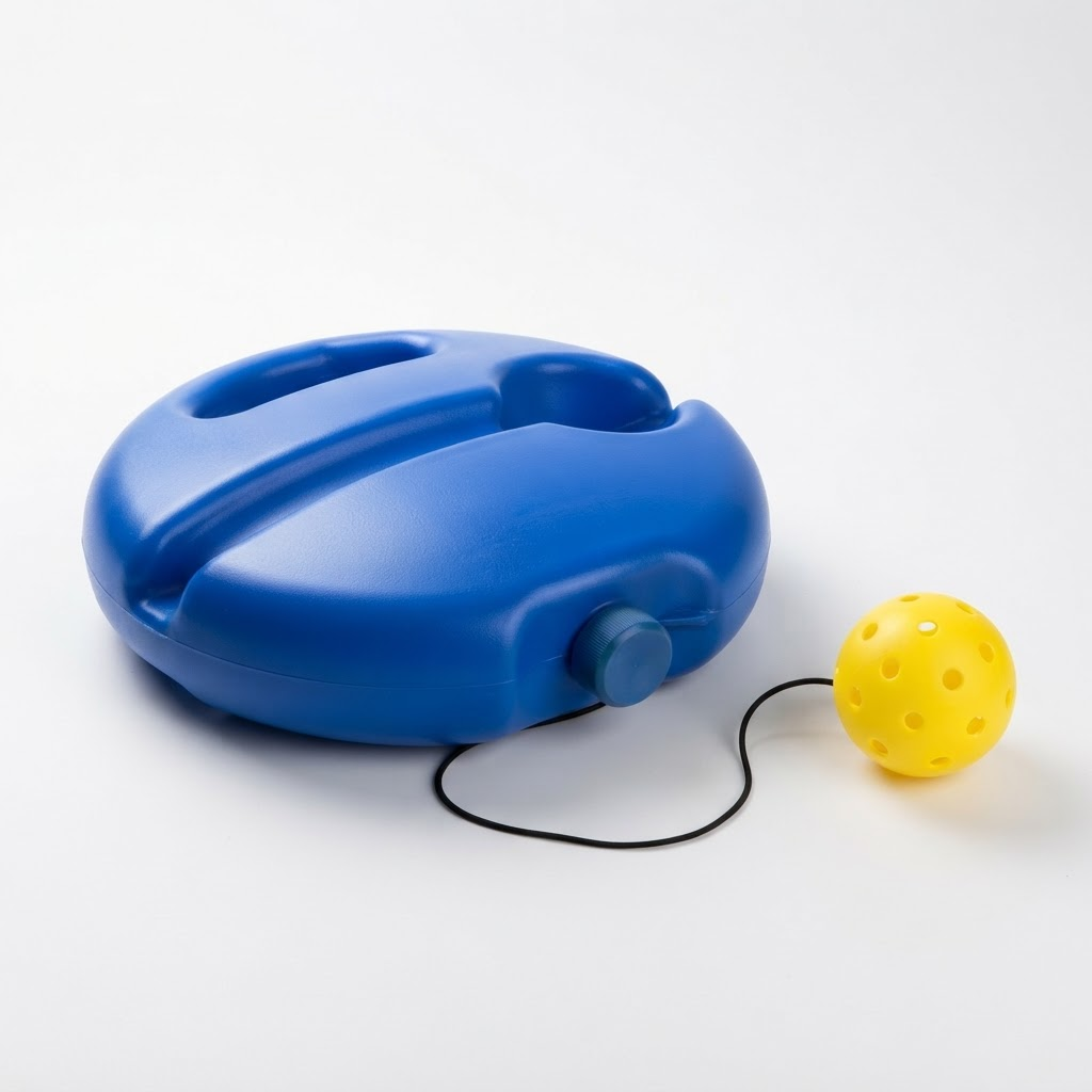 PicklePractice Pro blue weighted base and yellow 40-hole pickleball on a white studio background